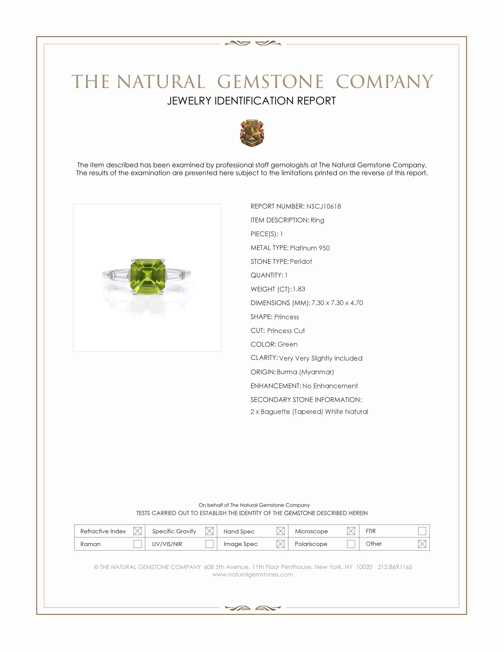 1.83 Ct. Green Peridot and Natural Diamond Three Stone Ring, Platinum 950