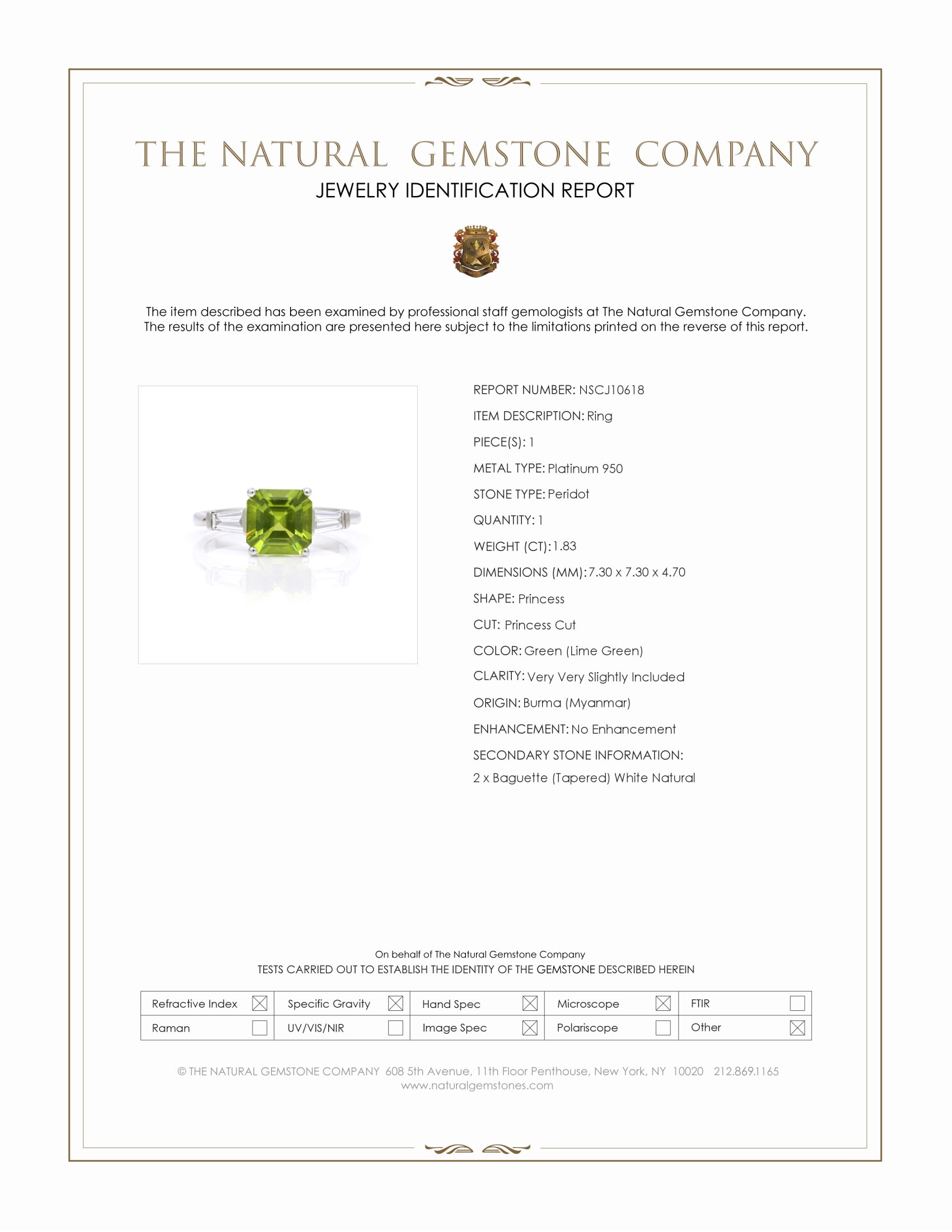 1.83 Ct. Green (Lime Green) Peridot and Natural Diamond Three Stone Ring, Platinum 950