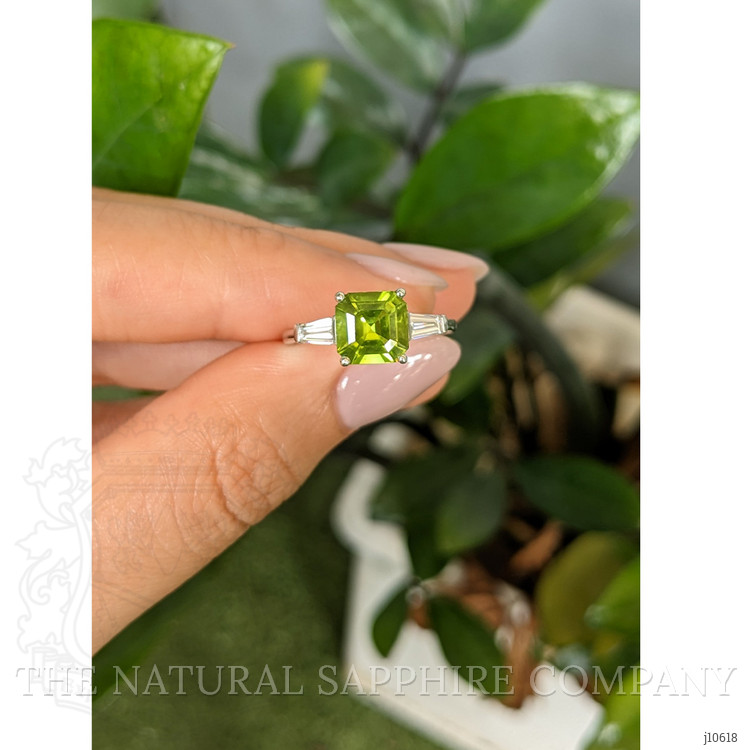 1.83 Ct. Green Peridot and Natural Diamond Three Stone Ring, Platinum 950