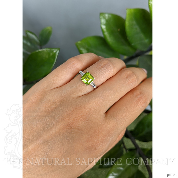 1.83 Ct. Green Peridot and Natural Diamond Three Stone Ring, Platinum 950