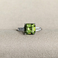 1.83 Ct. Green Peridot and Natural Diamond Three Stone Ring, Platinum 950 Life Style