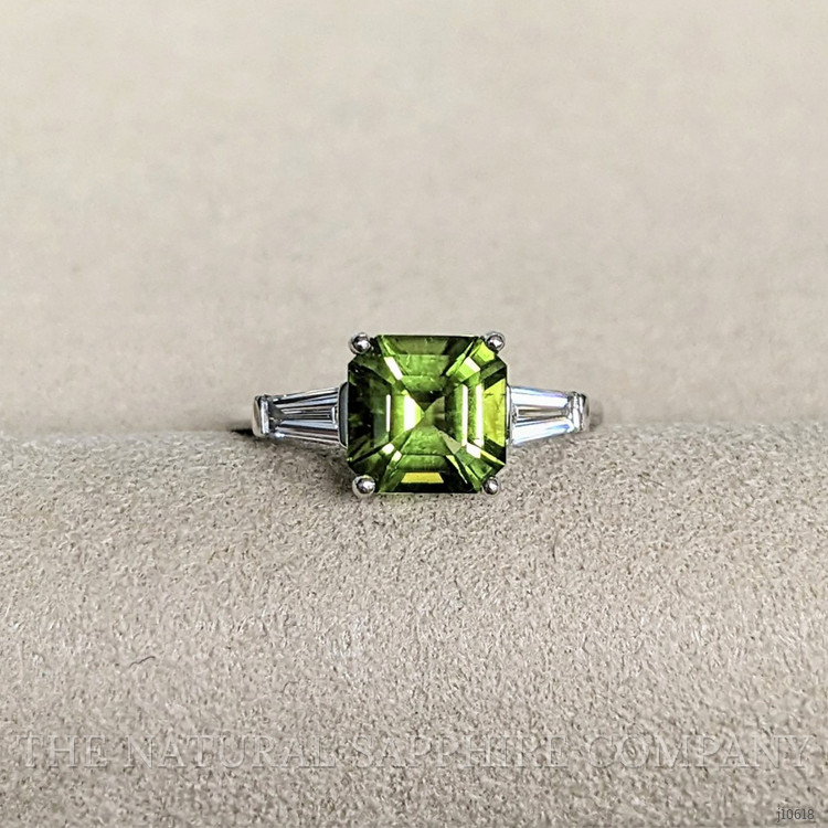 1.83 Ct. Green Peridot and Natural Diamond Three Stone Ring, Platinum 950