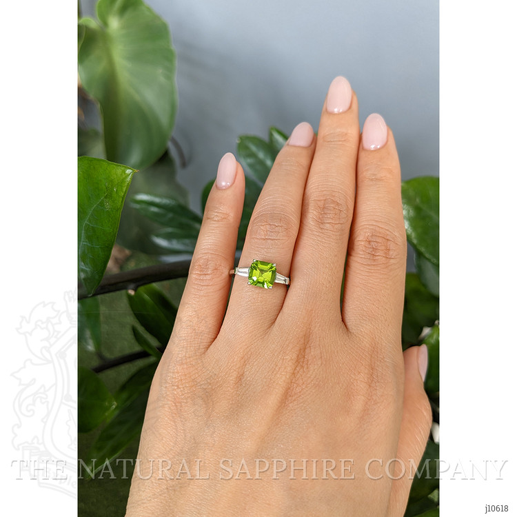 1.83 Ct. Green Peridot and Natural Diamond Three Stone Ring, Platinum 950