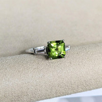 1.83 Ct. Green Peridot and Natural Diamond Three Stone Ring, Platinum 950 Life Style