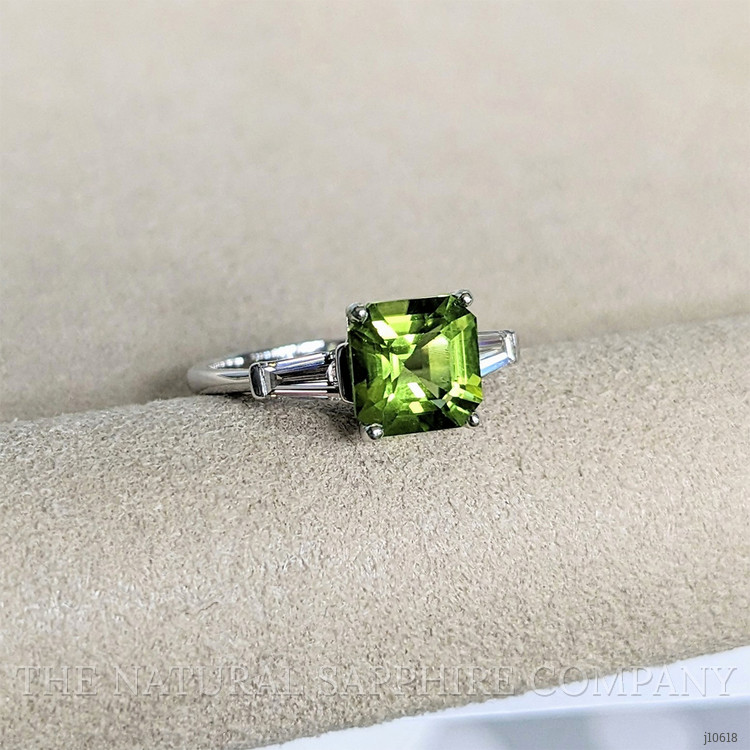 1.83 Ct. Green Peridot and Natural Diamond Three Stone Ring, Platinum 950