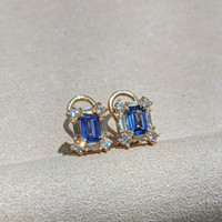 1.10 Ct.Tw. Blue Sapphire and Natural Diamond Halo Earrings, 14K Yellow Gold Image