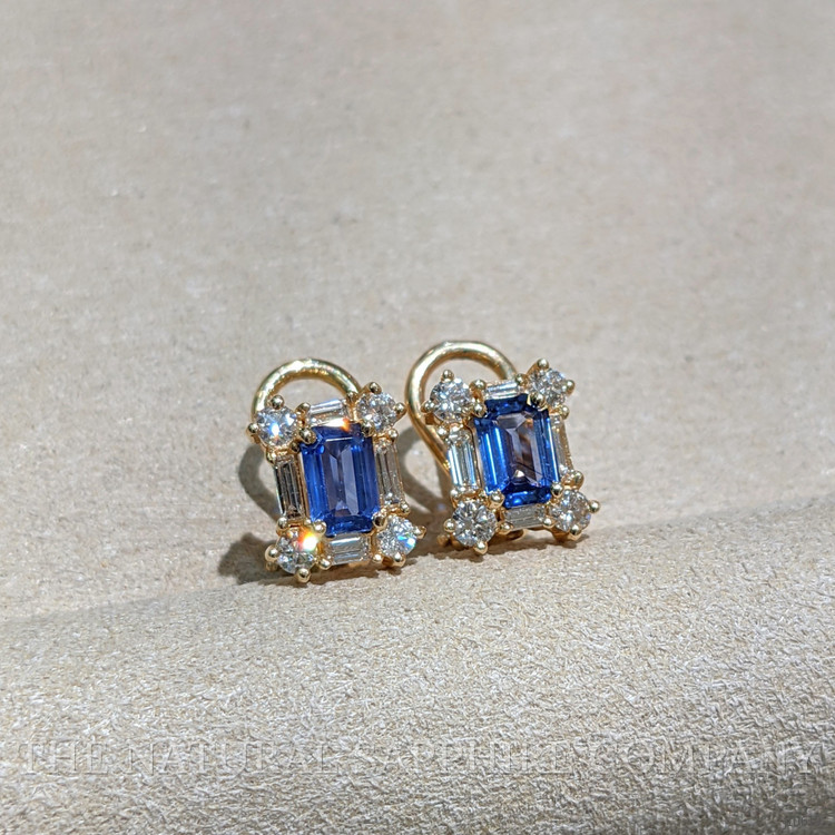 1.10 Ct.Tw. Blue Sapphire and Natural Diamond Halo Earrings, 14K Yellow Gold