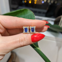 1.10 Ct.Tw. Blue Sapphire and Natural Diamond Halo Earrings, 14K Yellow Gold Life Style