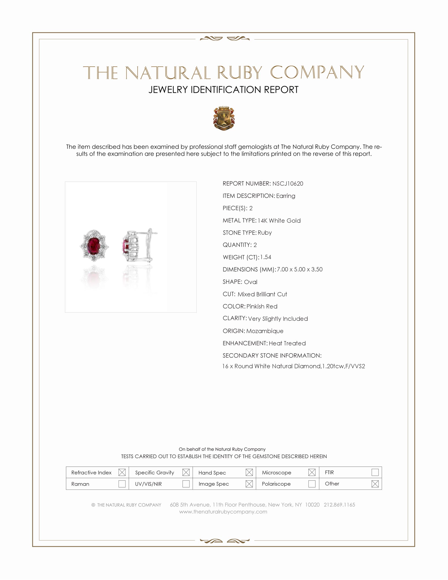 1.54 Ct.Tw. Pinkish Red Ruby and Natural Diamond Studs Earrings, 14K White Gold