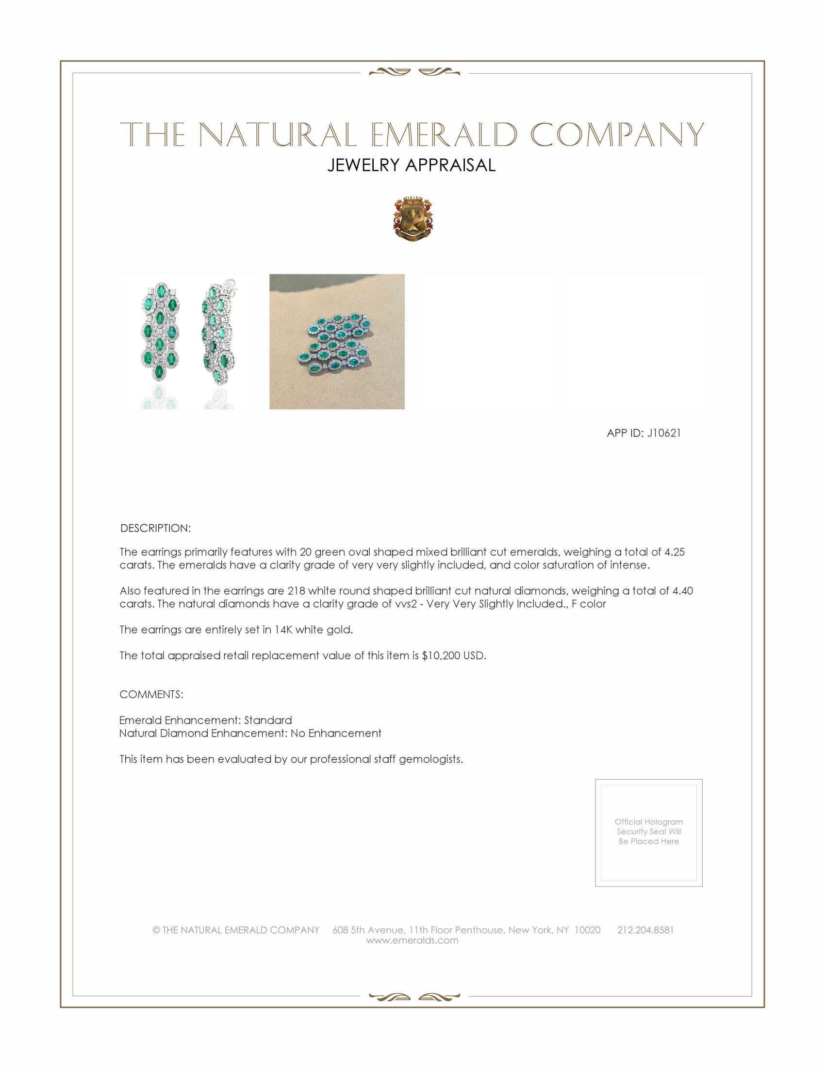 4.25 Ct.Tw. Emerald Natural Diamond Pave Earrings, 14K White Gold