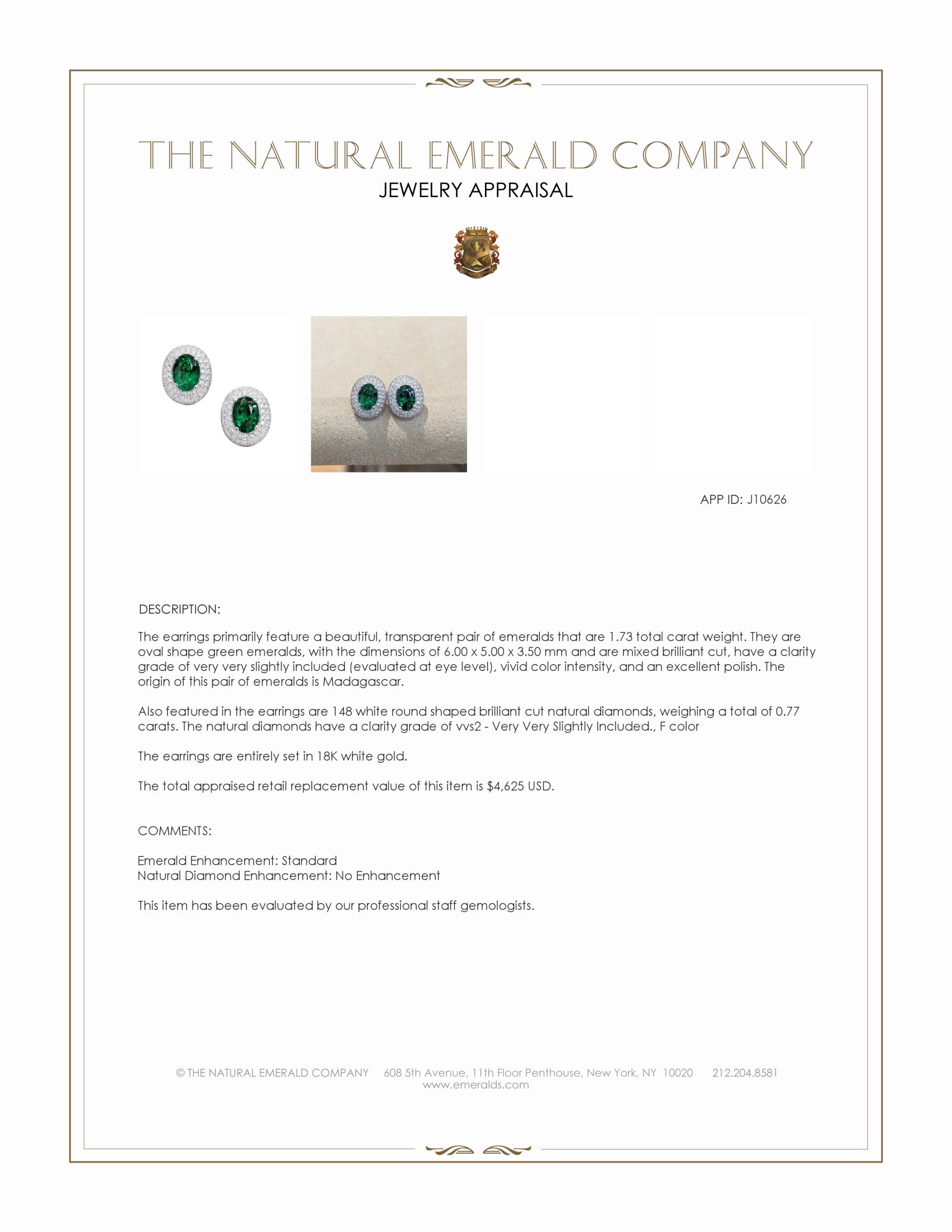 1.73 Ct.Tw. Emerald and Natural Diamond Pave Earrings, 18K White Gold