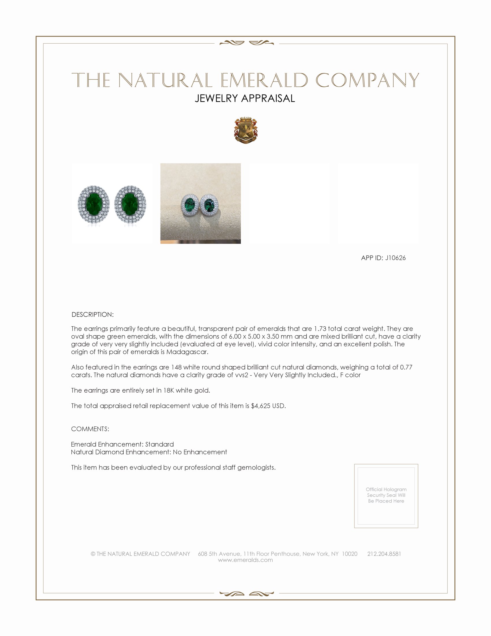 1.73 Ct.Tw. Emerald Natural Diamond Pave Earrings, 18K White Gold