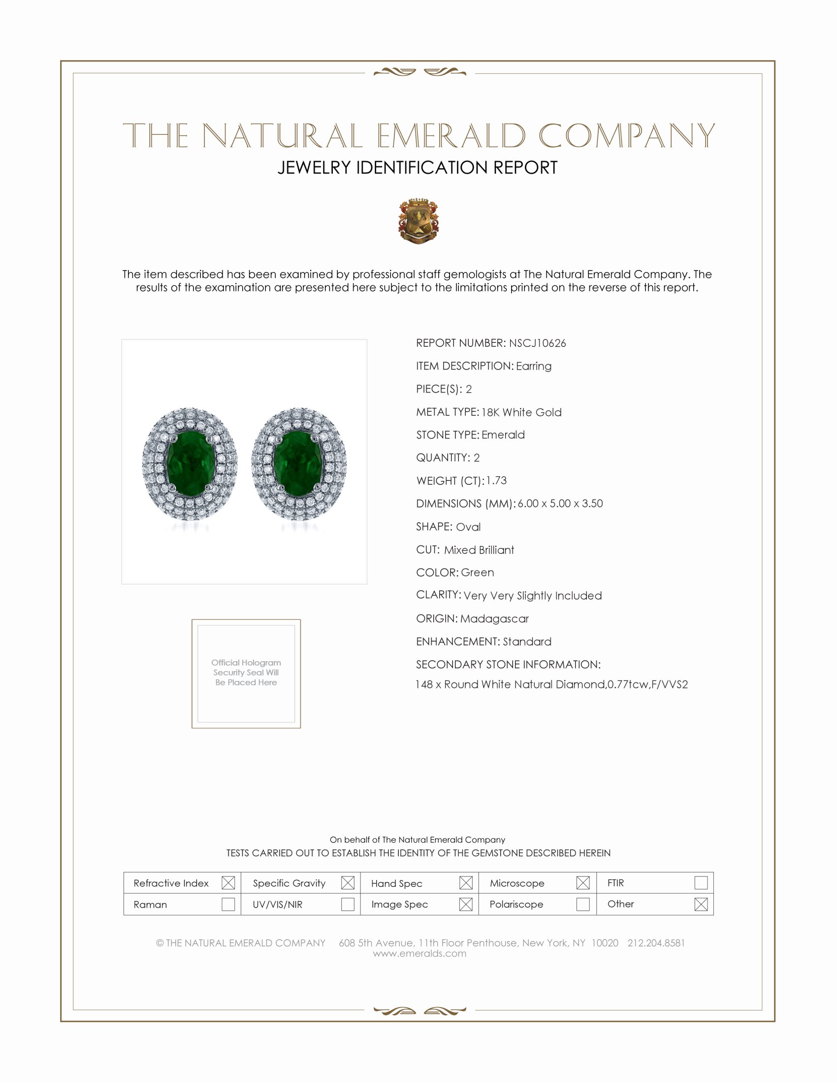 1.73 Ct.Tw. Emerald Natural Diamond Pave Earrings, 18K White Gold