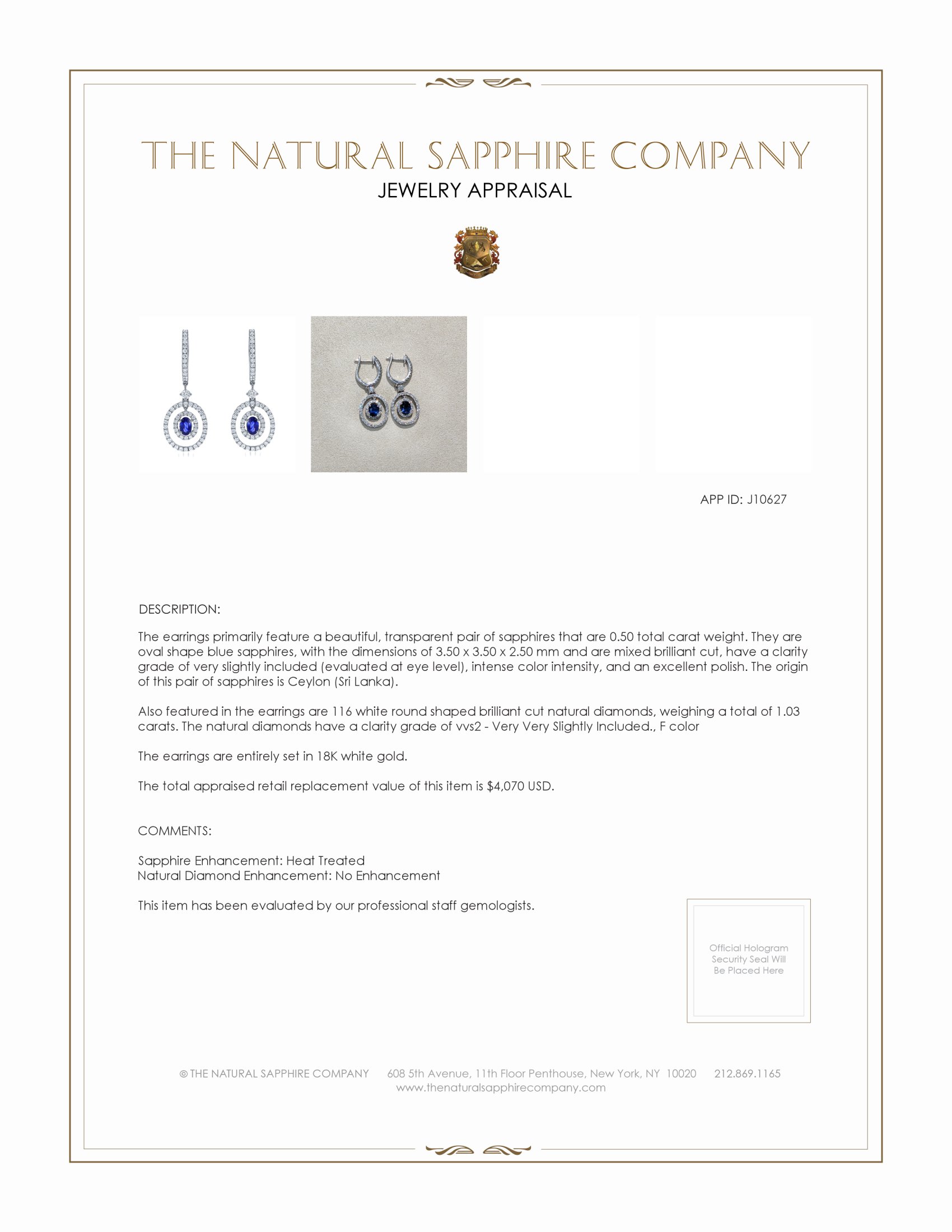 0.50 Ct.Tw. Blue Sapphire and Natural Diamond Pave Earrings, 18K White Gold