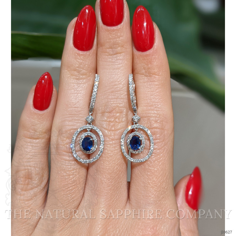 0.50 Ct.Tw. Blue Sapphire and Natural Diamond Pave Earrings, 18K White Gold