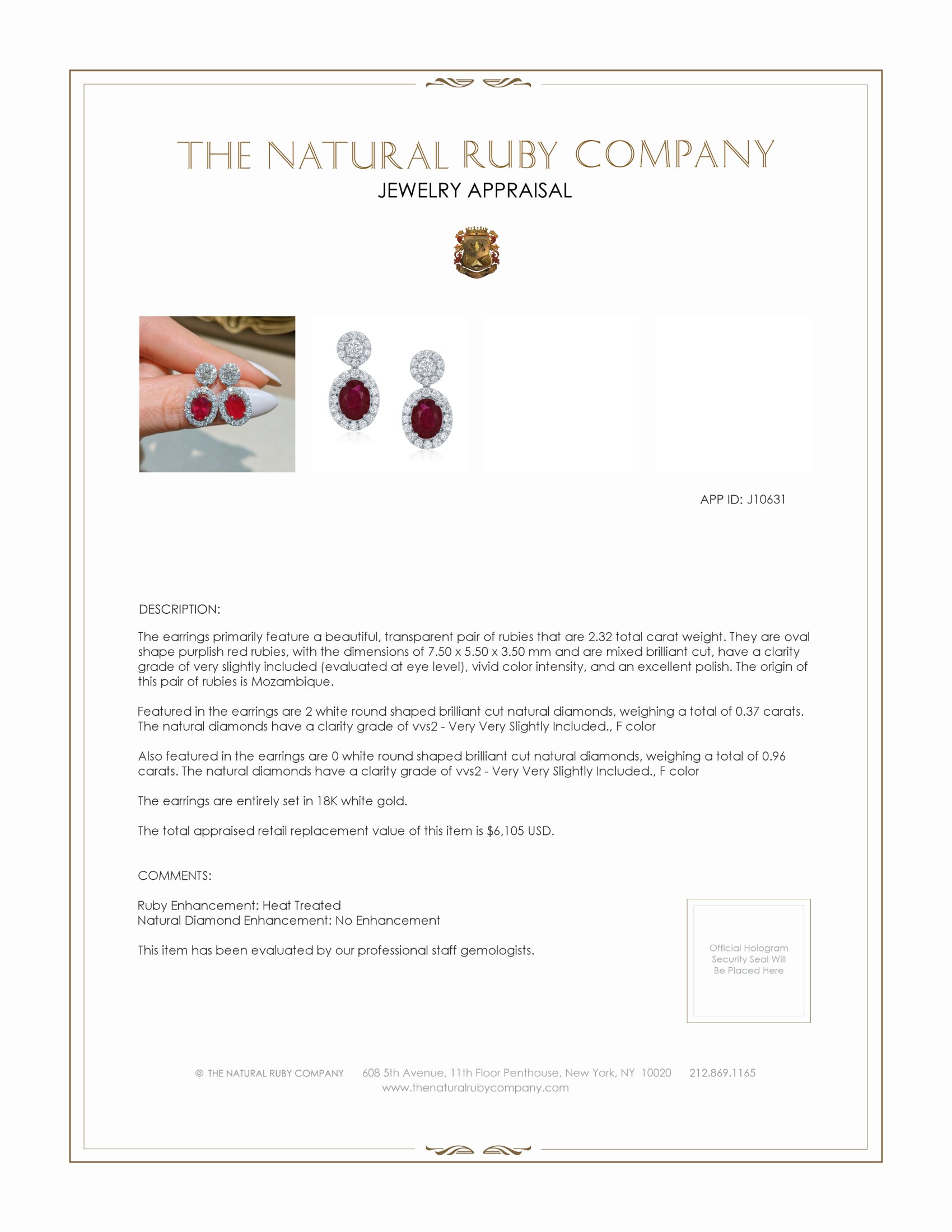 2.32 Ct.Tw. Ruby Natural Diamond Pave Earrings, 18K White Gold