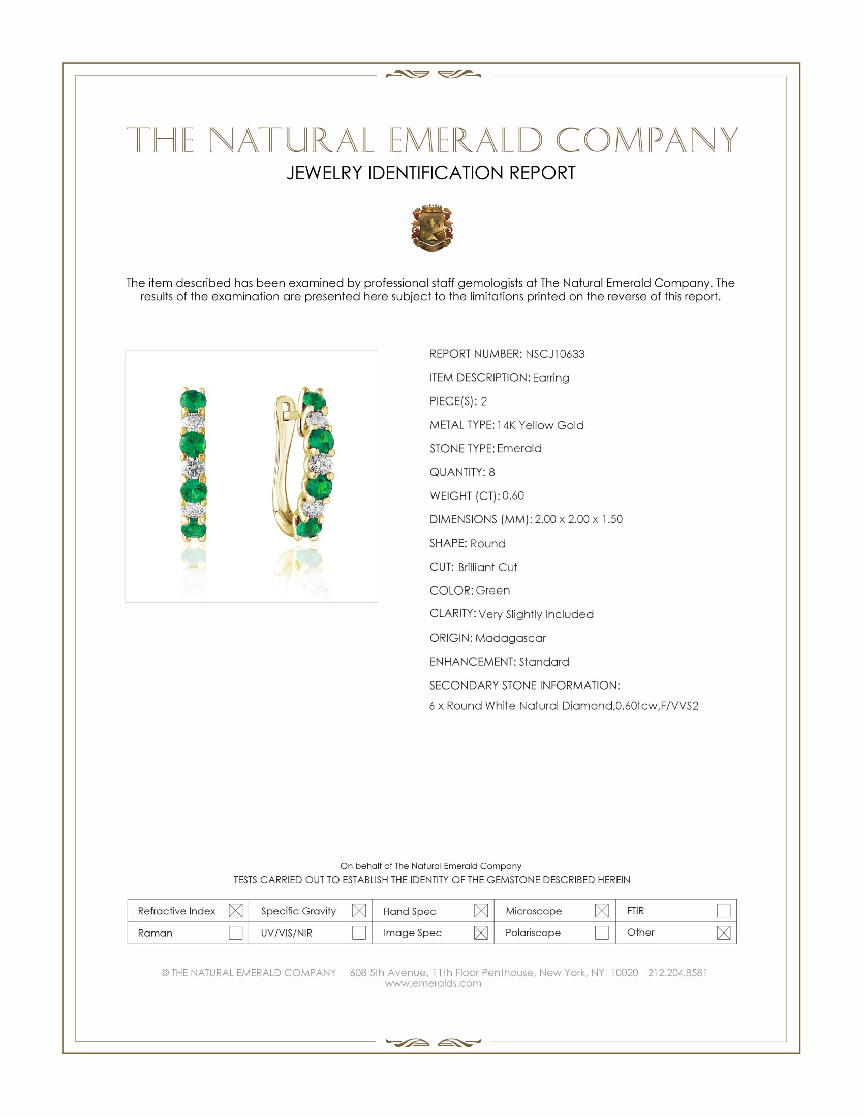 0.60 Ct.Tw. Emerald and Natural Diamond Hoops Earrings, 14K Yellow Gold