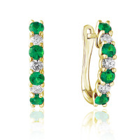 0.60 Ct.Tw. Emerald Natural Diamond Hoops Earrings, 14K Yellow Gold Image