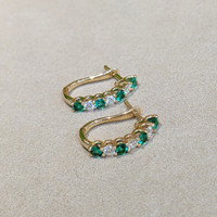 0.60 Ct.Tw. Emerald Natural Diamond Hoops Earrings, 14K Yellow Gold Image