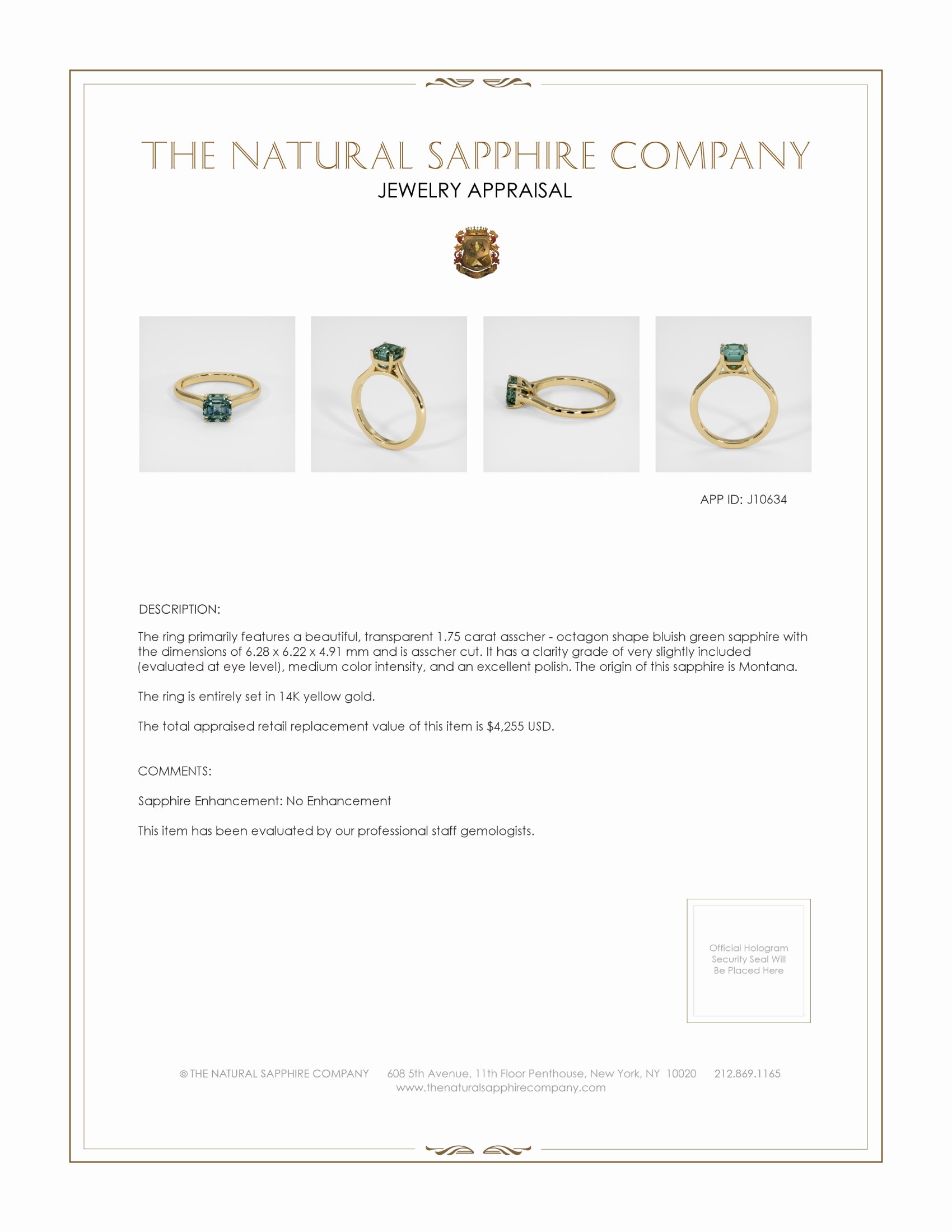 1.75 Ct. Bluish Green Sapphire Solitaire Ring, 14K Yellow Gold