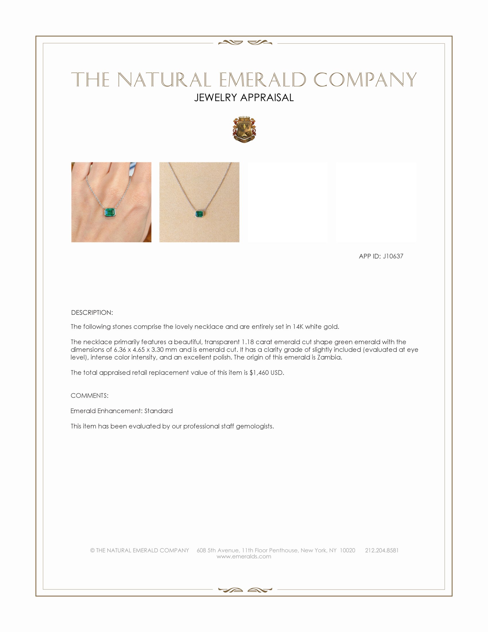 1.18 Ct. Emerald Bezel Necklace, 14K White Gold