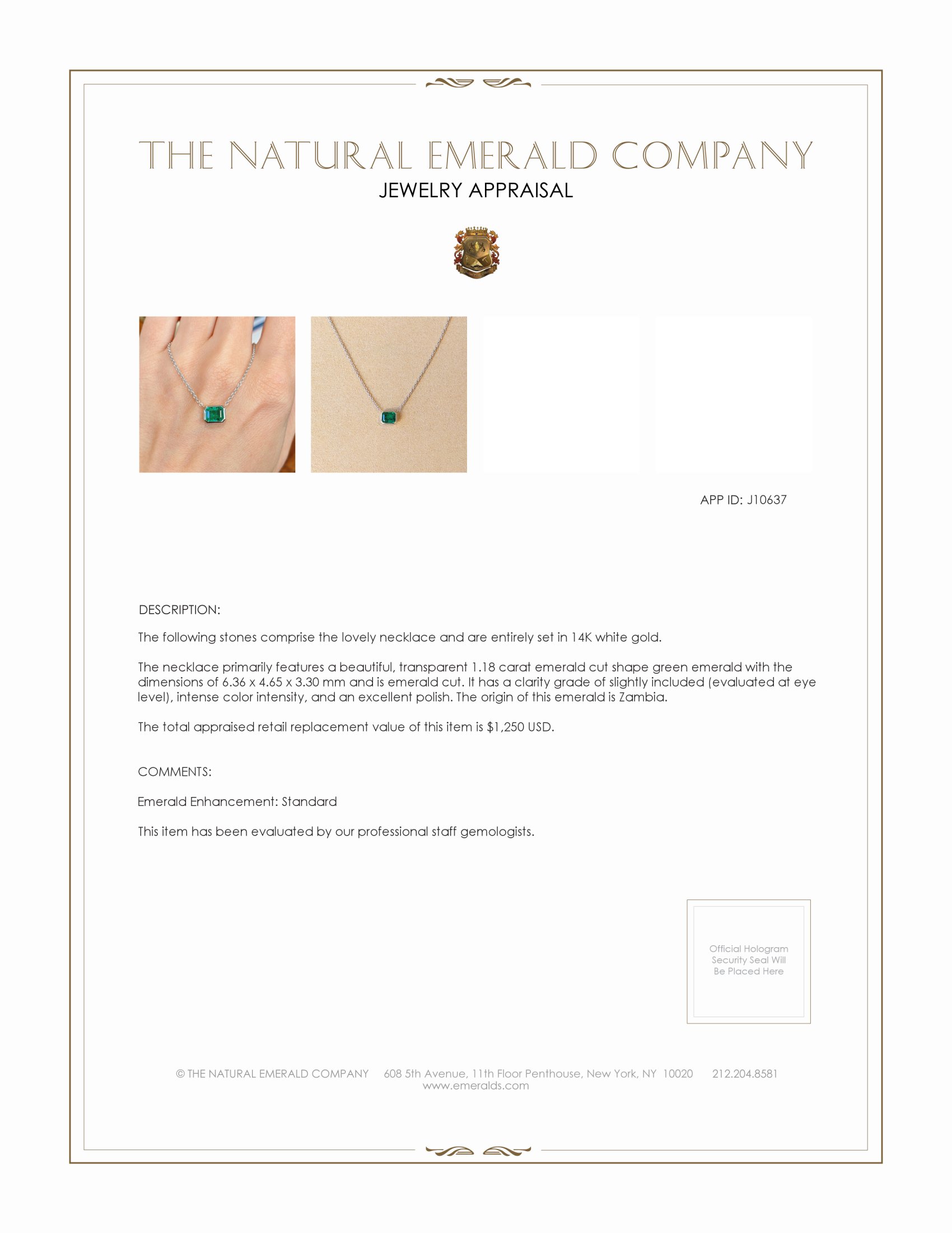 1.18 Ct. Emerald Bezel Necklace, 14K White Gold
