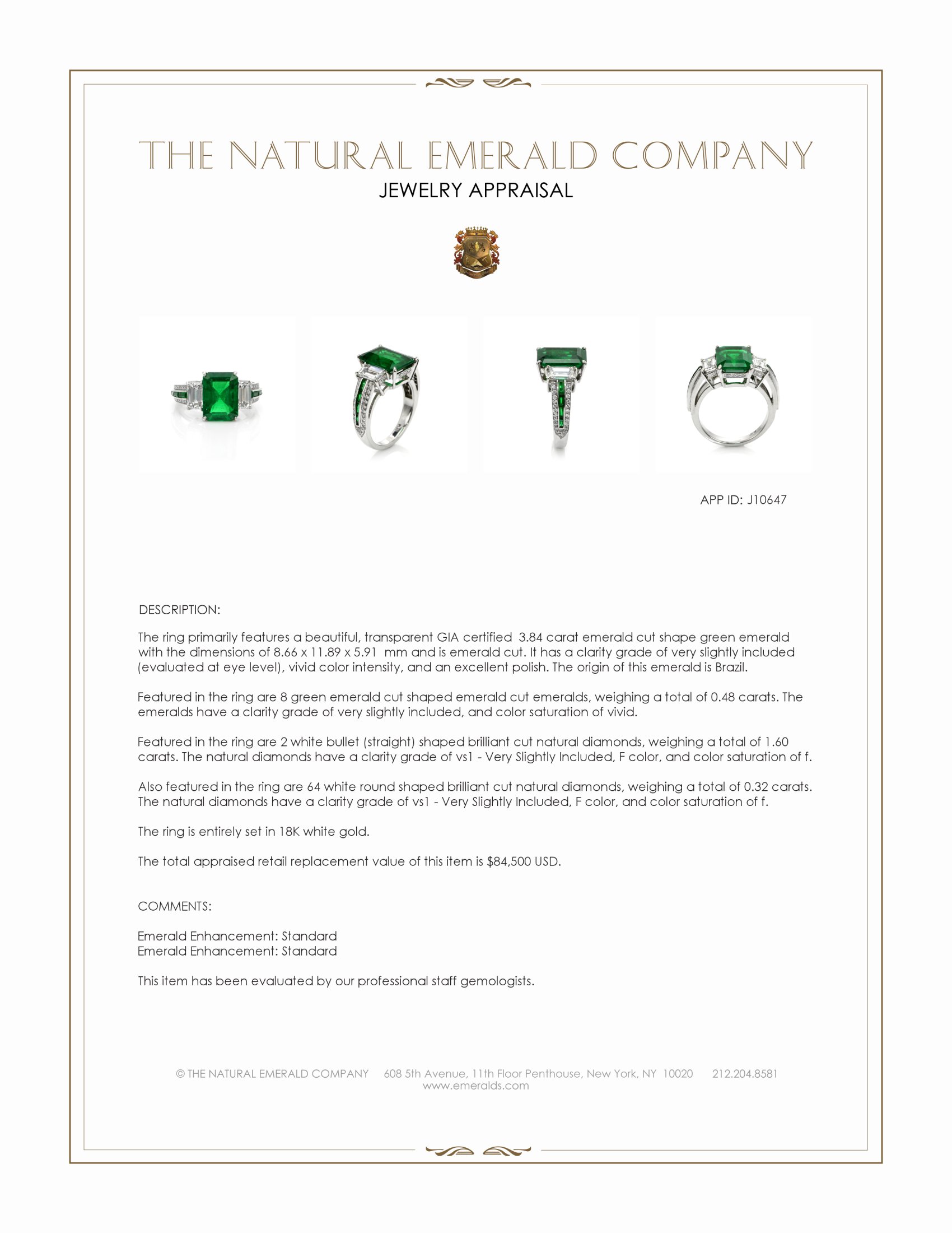 3.84 Ct. Emerald and Natural Diamond Three Stone Ring, 18K White Gold