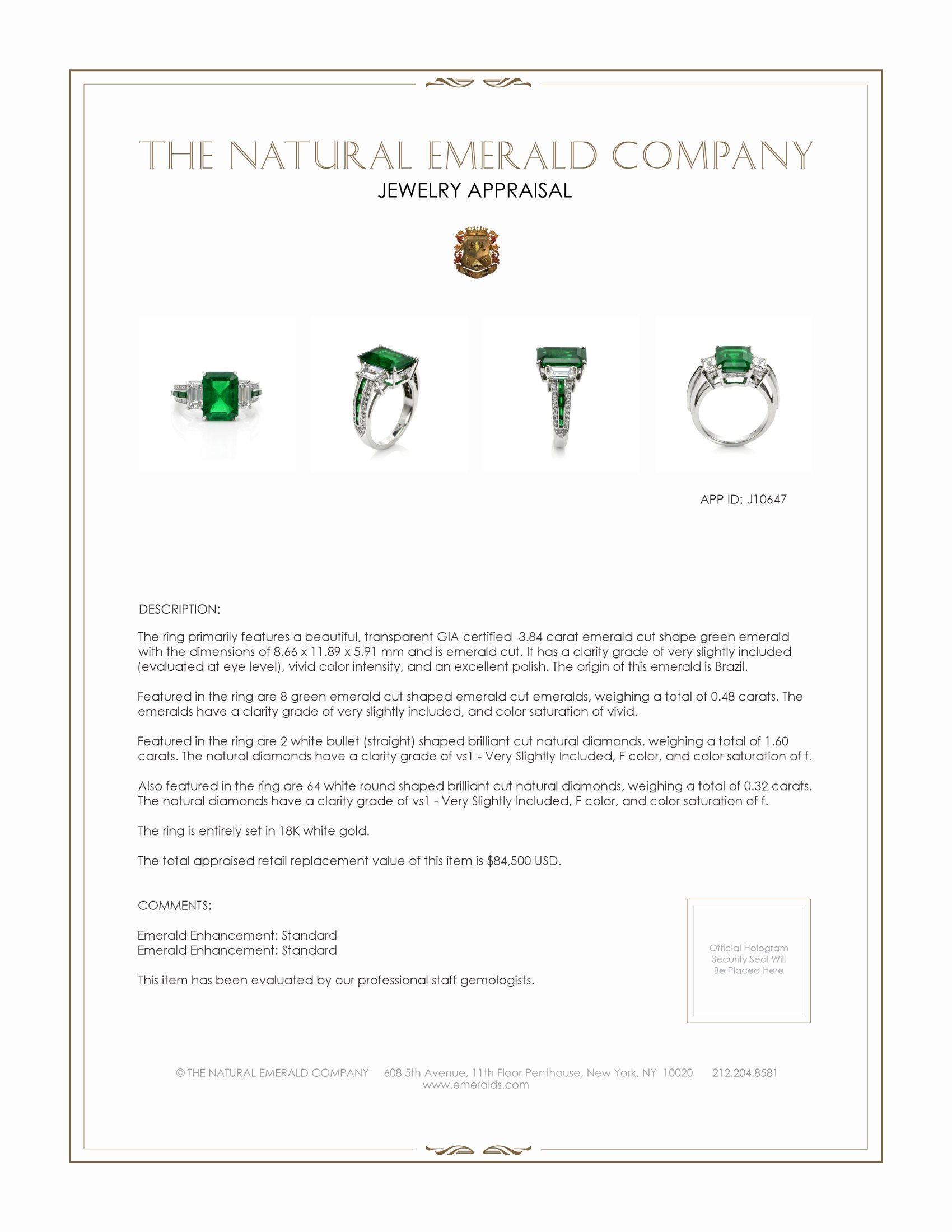3.84 Ct. Emerald Natural Diamond Three Stone Ring, 18K White Gold