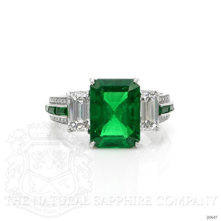 3.84 Ct. Emerald Natural Diamond Three Stone Ring, 18K White Gold