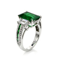3.84 Ct. Emerald Natural Diamond Three Stone Ring, 18K White Gold Image