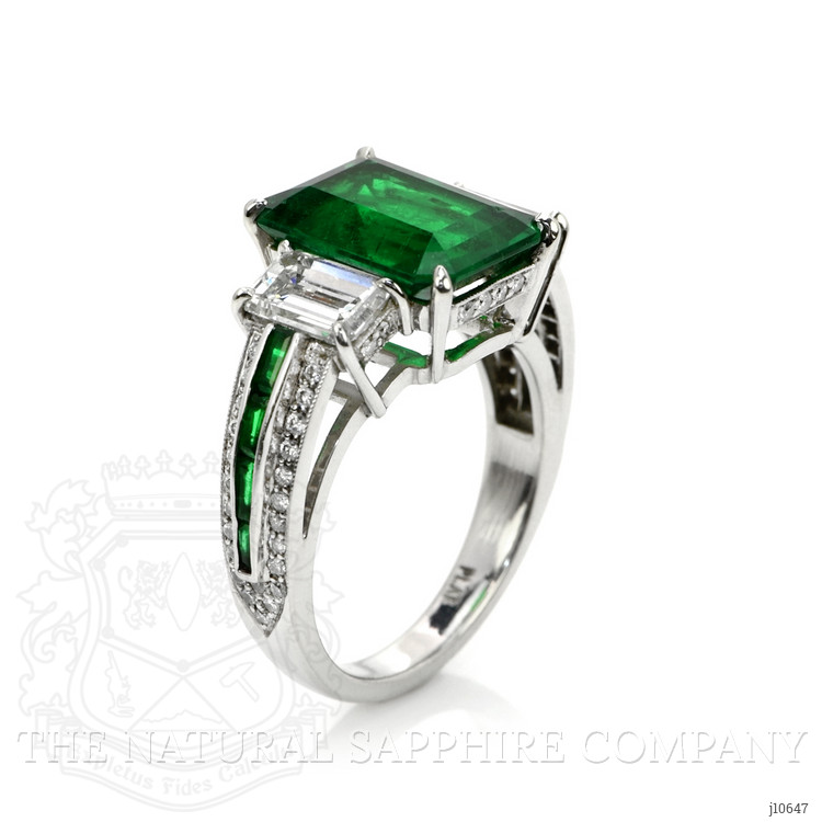 3.84 Ct. Emerald Natural Diamond Three Stone Ring, 18K White Gold