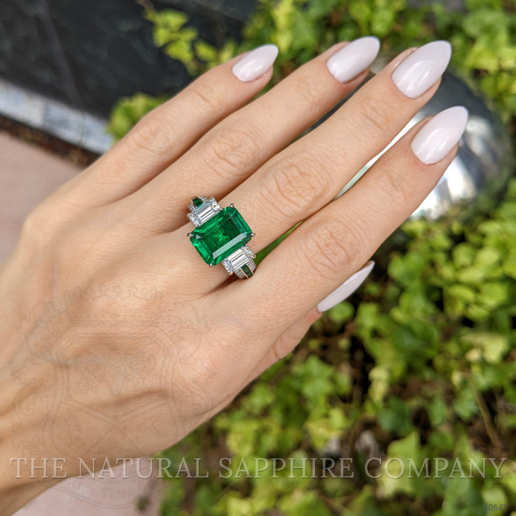 3.84 Ct. Emerald Natural Diamond Three Stone Ring, 18K White Gold