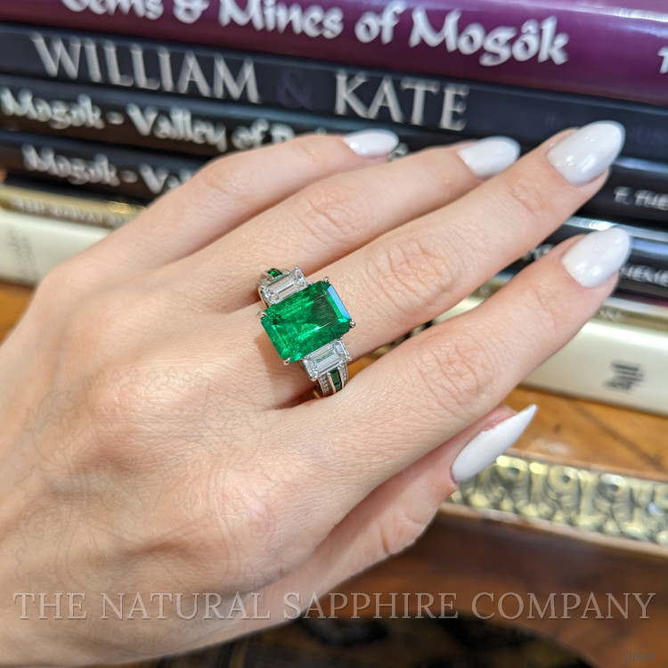 3.84 Ct. Emerald Natural Diamond Three Stone Ring, 18K White Gold