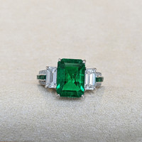 3.84 Ct. Emerald Natural Diamond Three Stone Ring, 18K White Gold Life Style