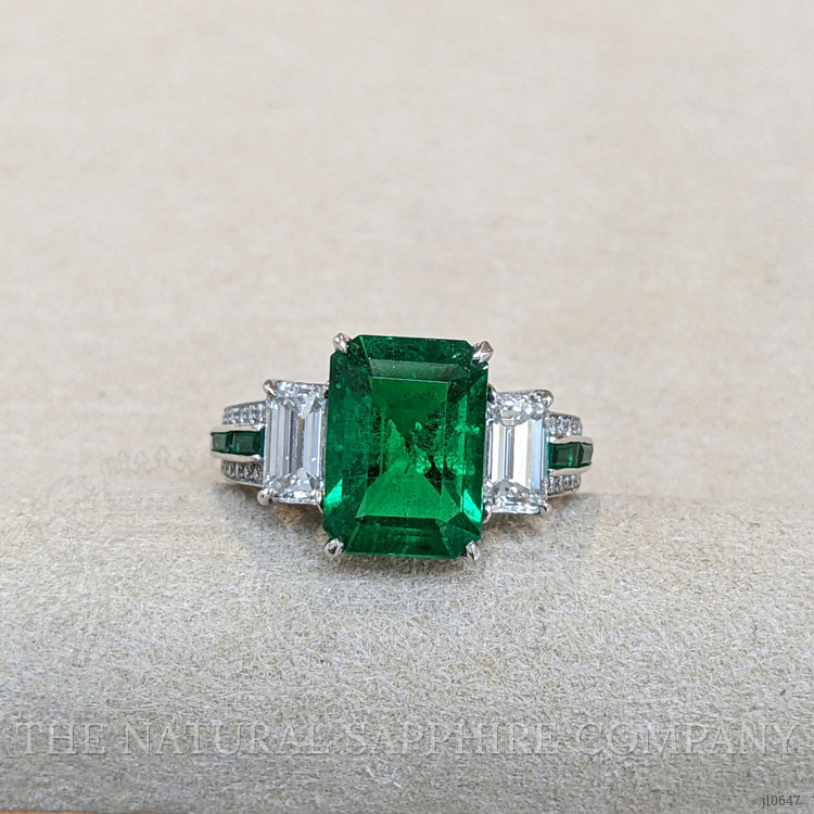 3.84 Ct. Emerald Natural Diamond Three Stone Ring, 18K White Gold