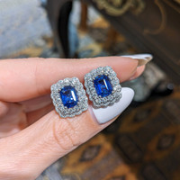 3.10&nbsp;Ct.Tw.Total Carat Weight Blue Sapphire and Natural Diamond Pave Earrings, 18K White Gold Image