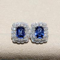 3.10&nbsp;Ct.Tw.Total Carat Weight Blue Sapphire and Natural Diamond Pave Earrings, 18K White Gold Image