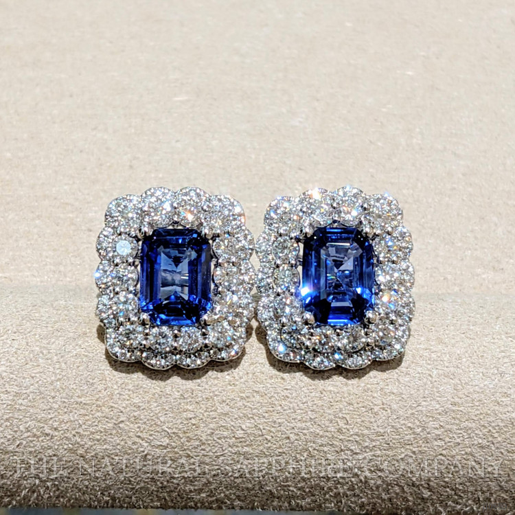3.10 Ct.Tw. Blue Sapphire and Natural Diamond Pave Earrings, 18K White Gold