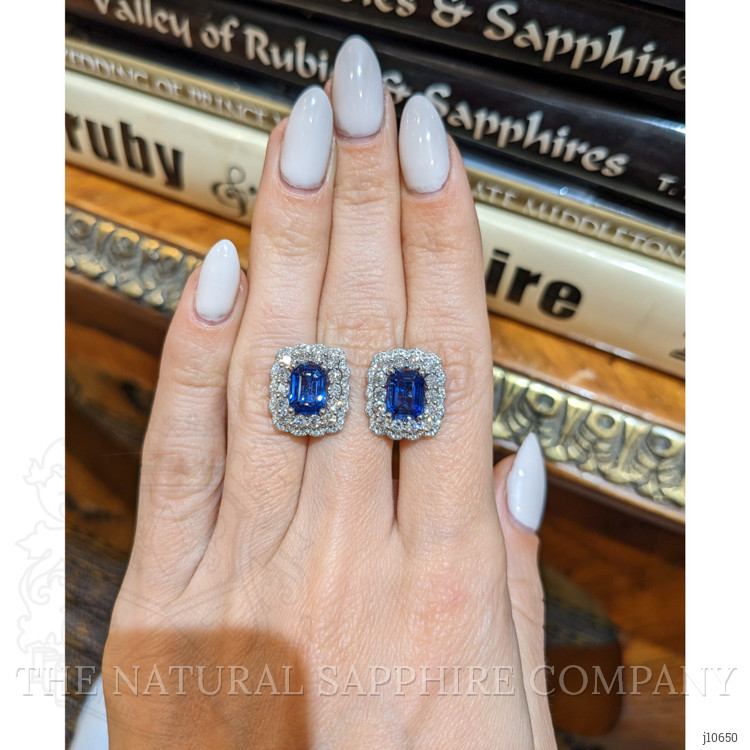 3.10 Ct.Tw. Blue Sapphire and Natural Diamond Pave Earrings, 18K White Gold