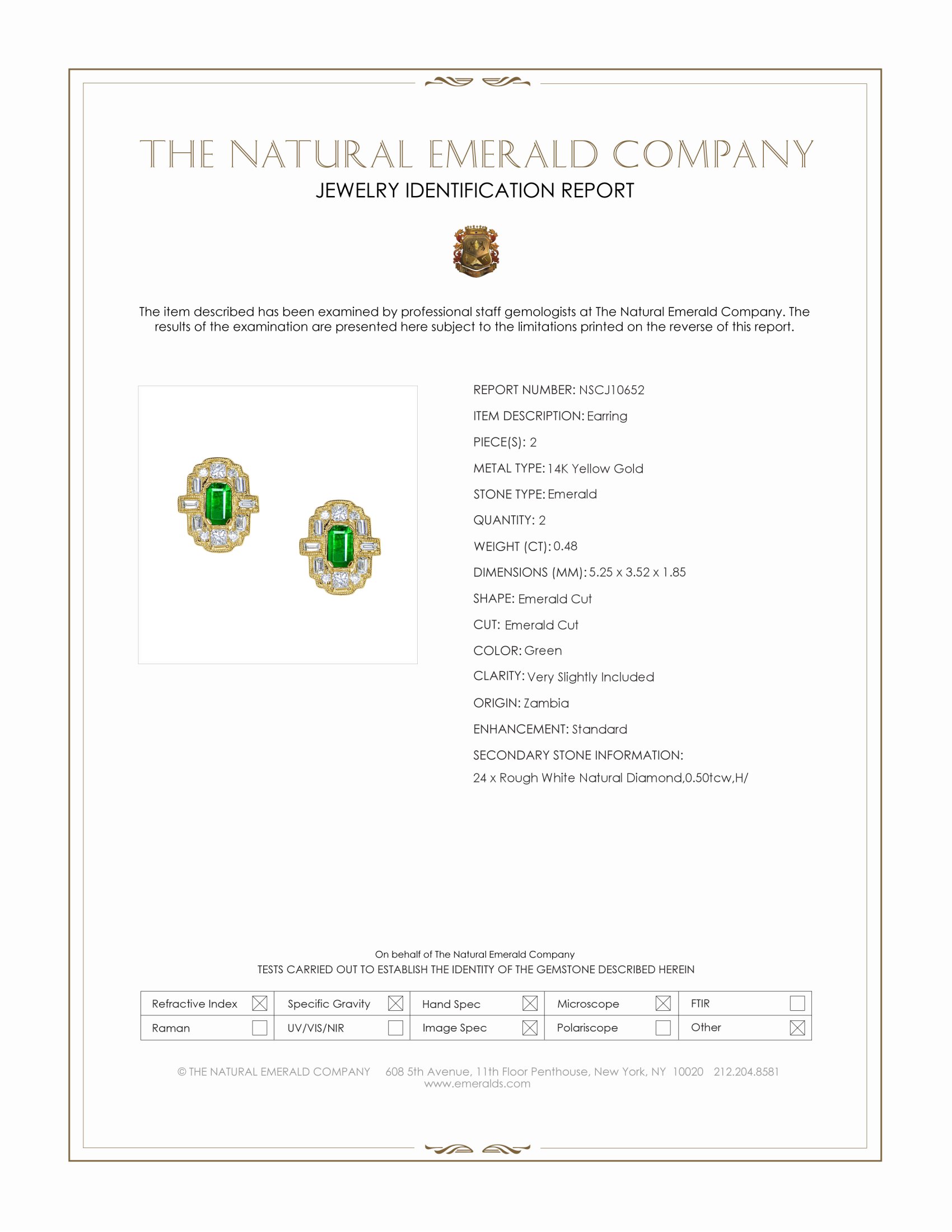 0.48 Ct.Tw. Emerald and Natural Diamond Studs Earrings, 14K Yellow Gold