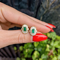 0.48 Ct.Tw. Emerald Natural Diamond Halo Earrings, 14K Yellow Gold Image