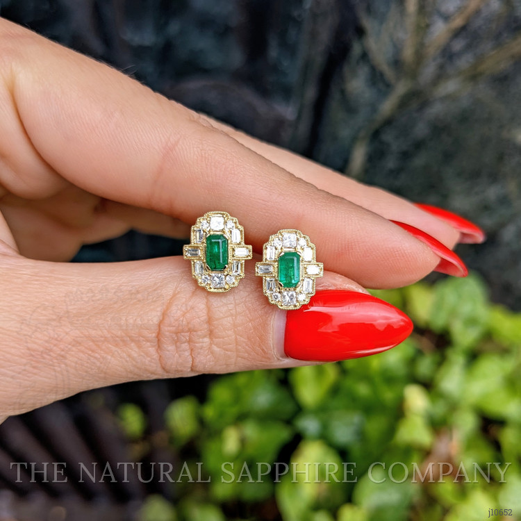 0.48 Ct.Tw. Emerald and Natural Diamond Studs Earrings, 14K Yellow Gold