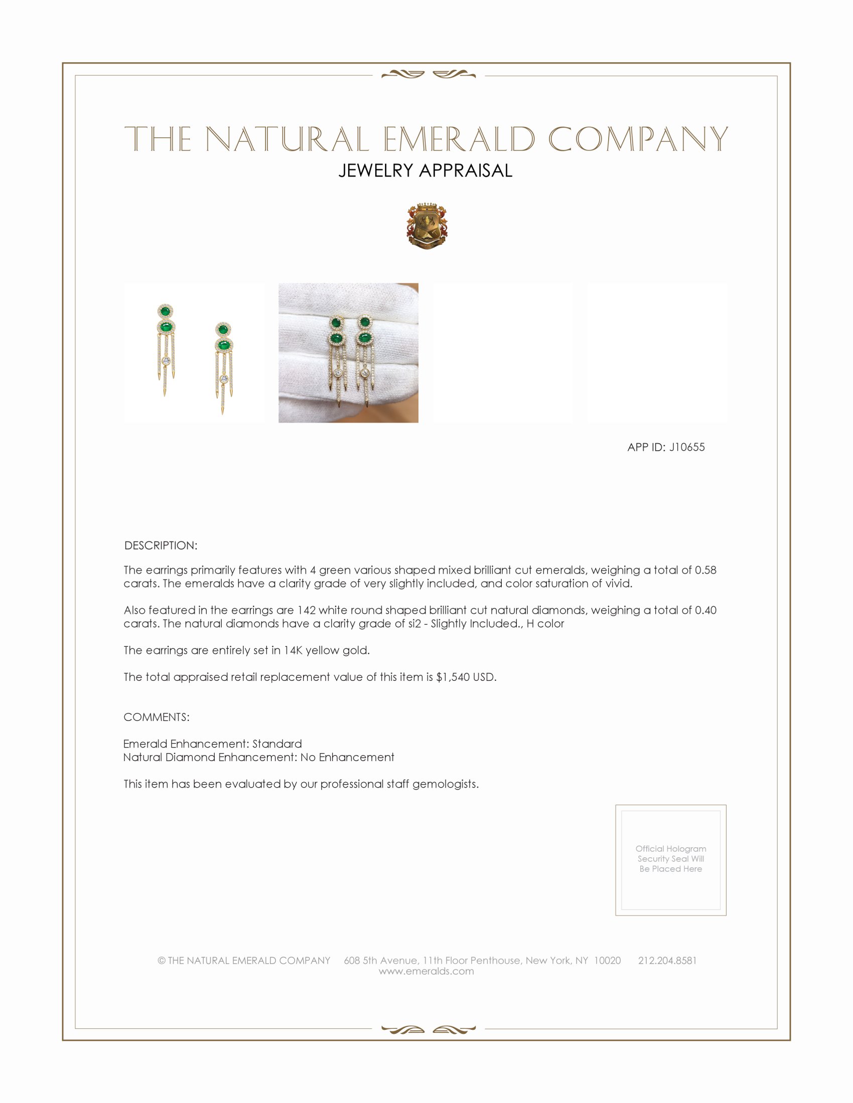 0.58 Ct.Tw. Emerald and Natural Diamond Halo Earrings, 14K Yellow Gold