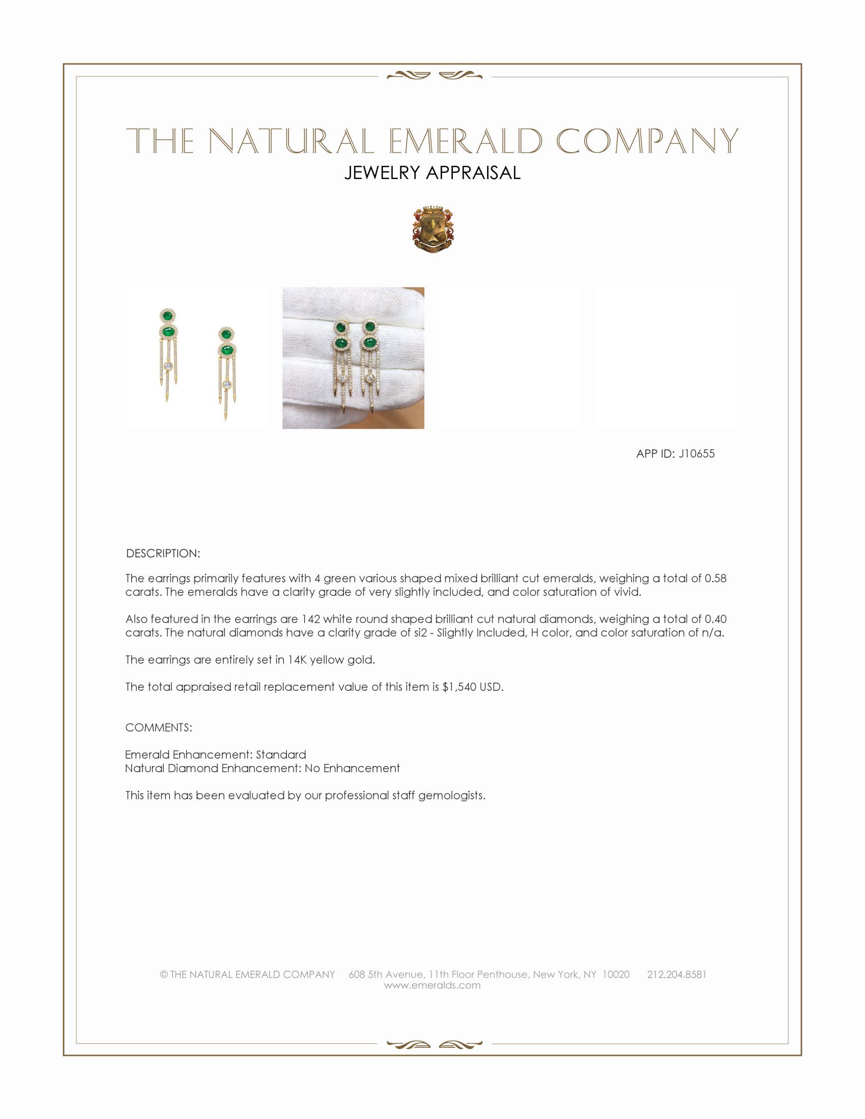 0.58 Ct.Tw. Emerald and Natural Diamond Halo Earrings, 14K Yellow Gold