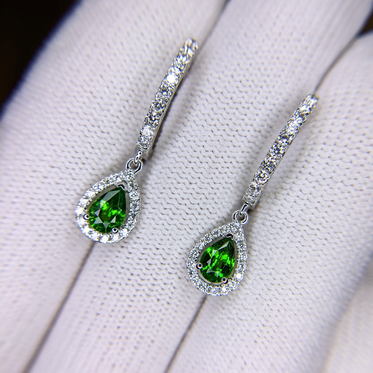 0.87 Ct.Tw. Tsavorite Garnet Natural Diamond Halo Earrings, 14K White Gold