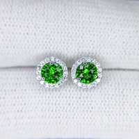 0.60 Ct.Tw. Tsavorite Garnet Natural Diamond Halo Earrings, 18K White Gold Life Style