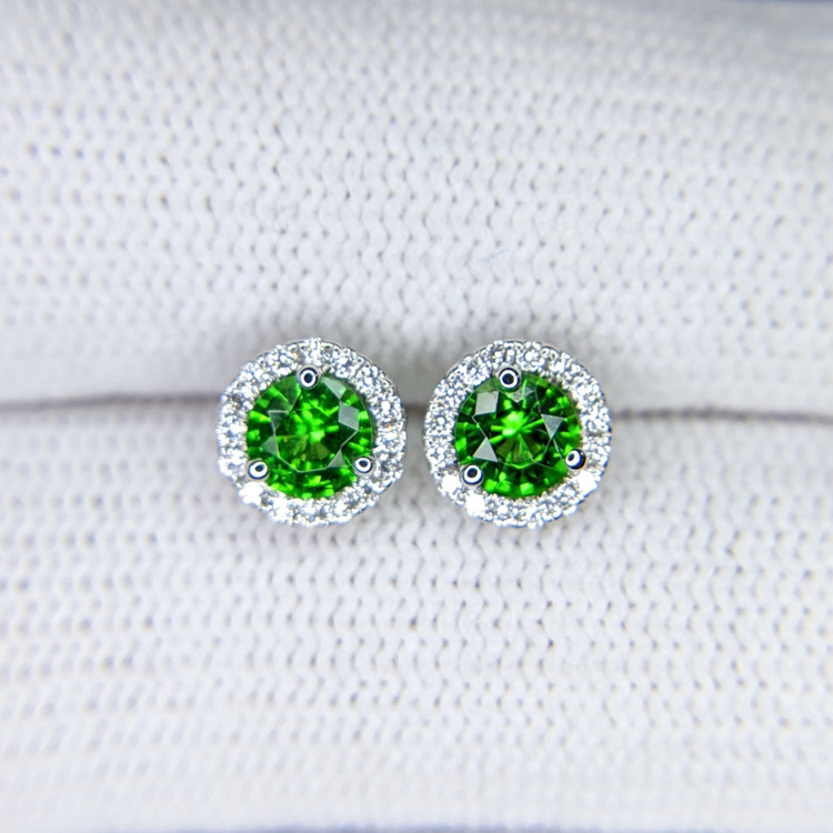 0.60 Ct.Tw. Tsavorite Garnet Natural Diamond Halo Earrings, 18K White Gold