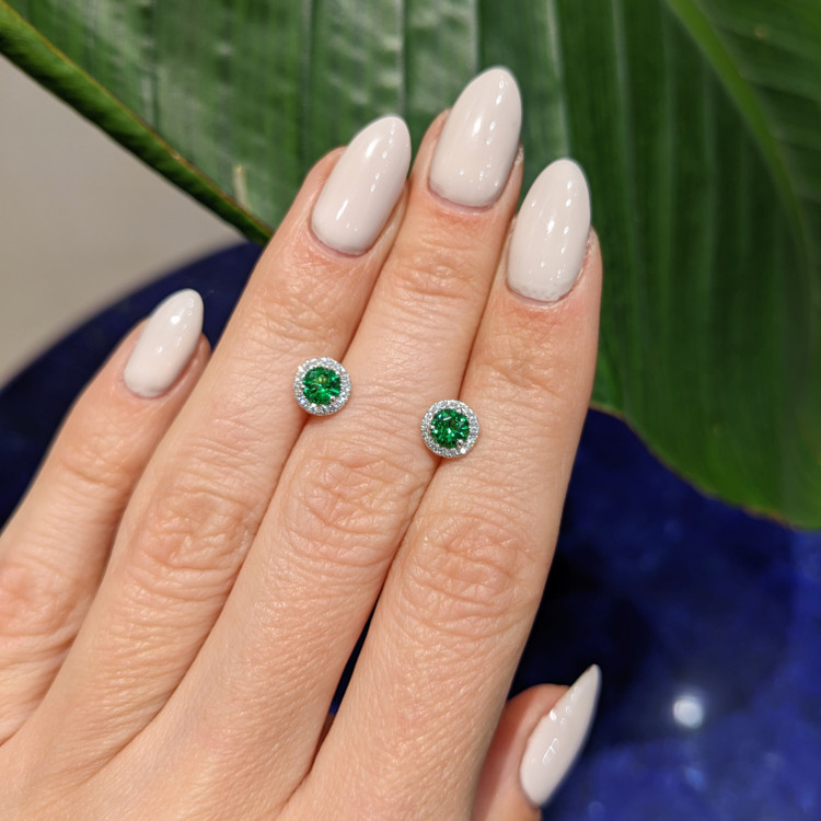 0.60 Ct.Tw. Tsavorite Garnet Natural Diamond Halo Earrings, 18K White Gold