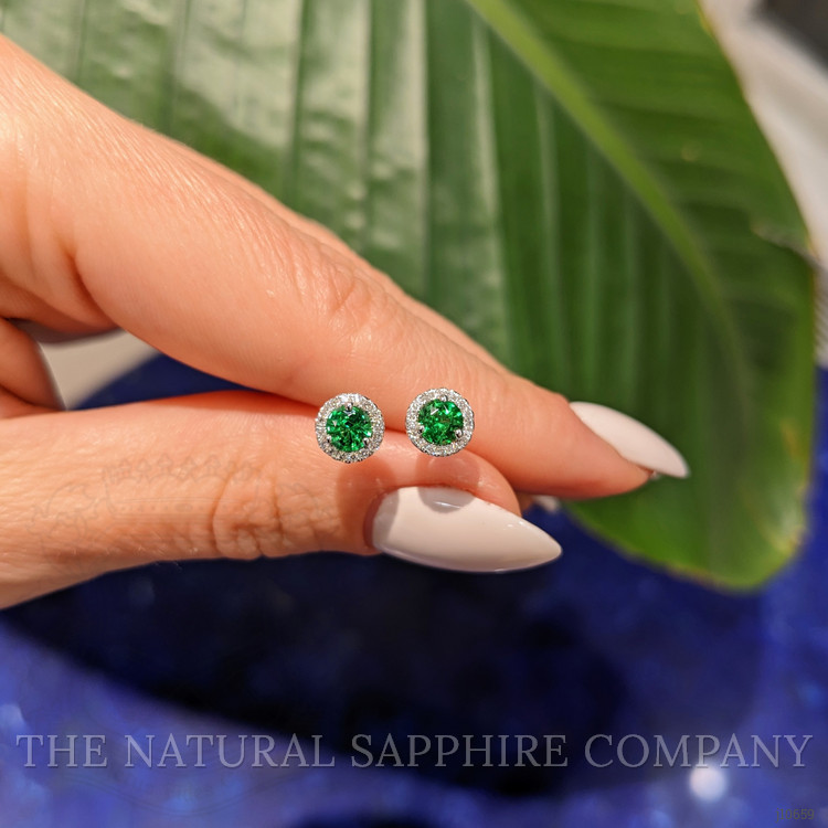 0.60 Ct.Tw. Tsavorite Garnet Natural Diamond Halo Earrings, 18K White Gold