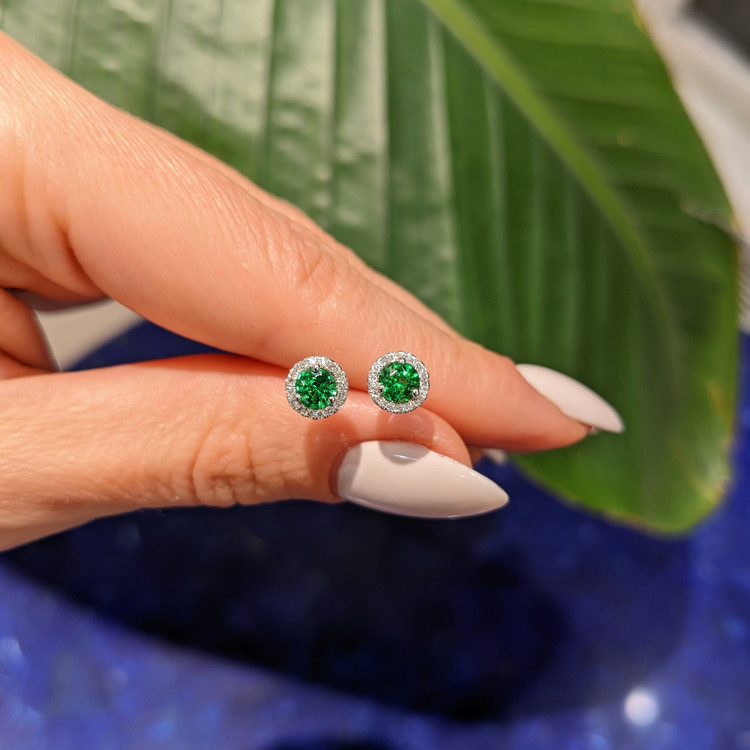 0.60 Ct.Tw. Tsavorite Garnet Natural Diamond Halo Earrings, 18K White Gold